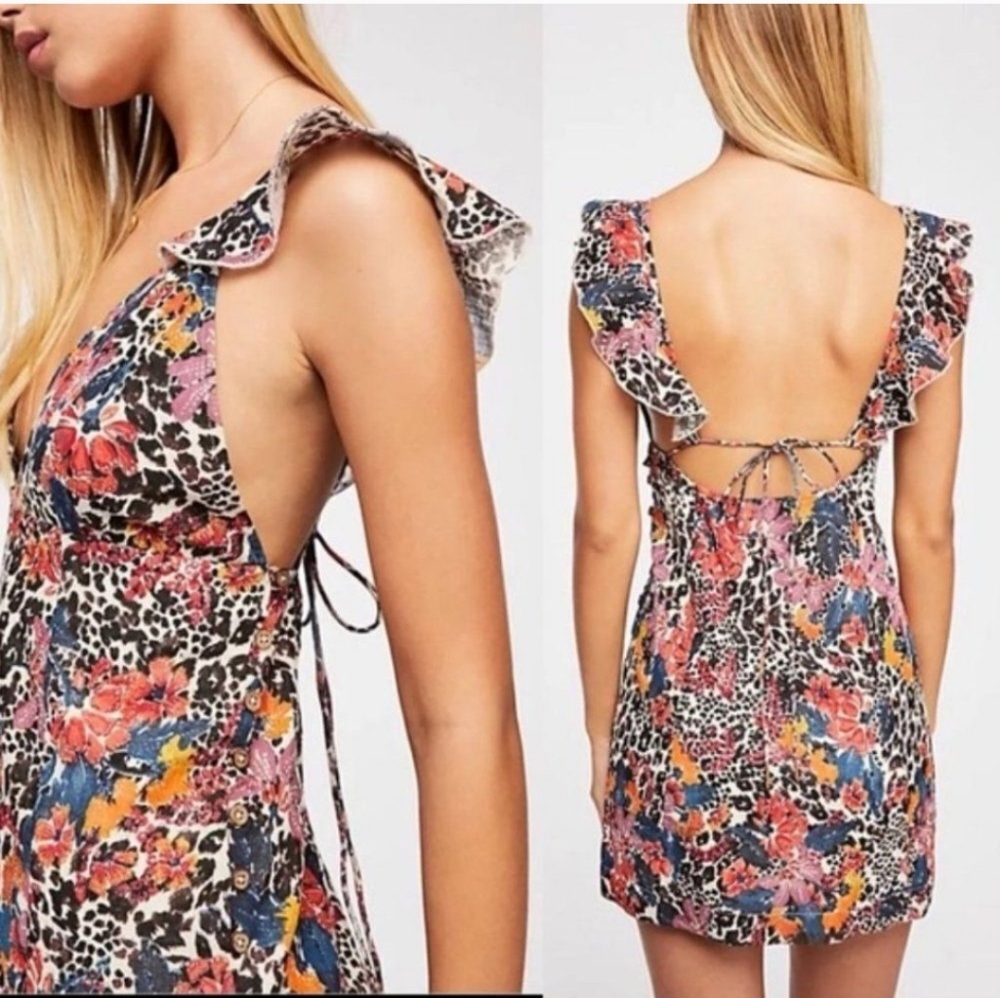 FreeΒ People Josie Deep V Neck Leopard Cheetah Floral Print Open Back Mini Dress